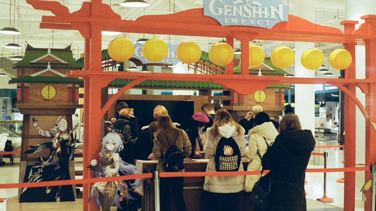 Genshin Impact promotional booth in the Aviapark shopping mall, Moscow, shot on film